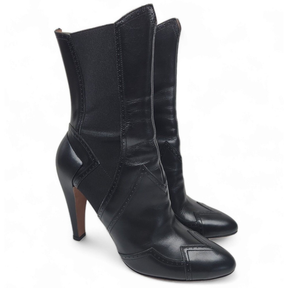 Alaïa Black High Rise Ankle Boots Perforated Trim Leather Size 38.5 Boho Cowboy